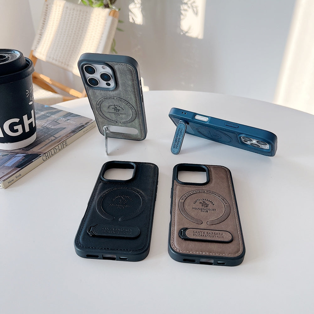 Wireless Charging PU Leather Rugged Kickstand Phone Case - iPhone 15