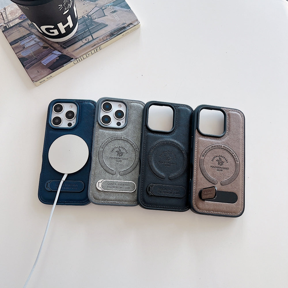 Wireless Charging PU Leather Rugged Kickstand Phone Case - iPhone 15