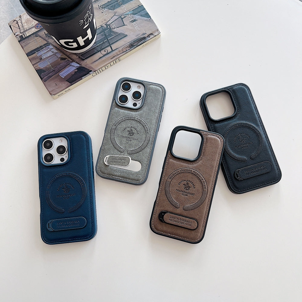 Wireless Charging PU Leather Rugged Kickstand Phone Case - iPhone 15
