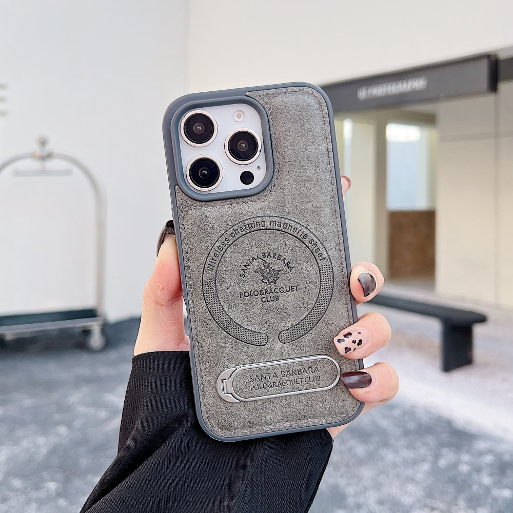 Wireless Charging PU Leather Rugged Kickstand Phone Case - iPhone 15