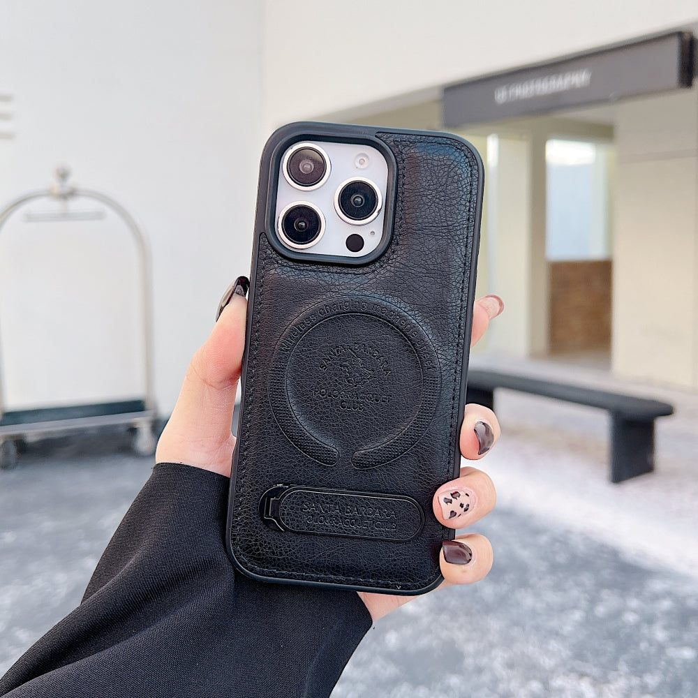 Wireless Charging PU Leather Rugged Kickstand Phone Case - iPhone 15