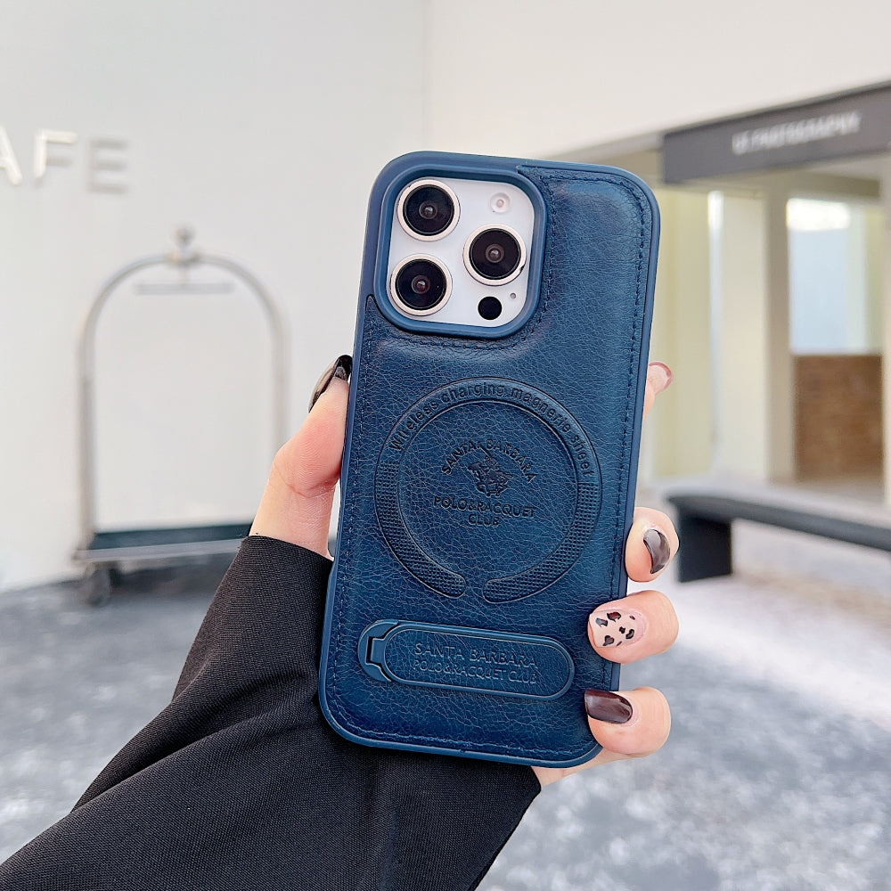 Wireless Charging PU Leather Rugged Kickstand Phone Case - iPhone 15