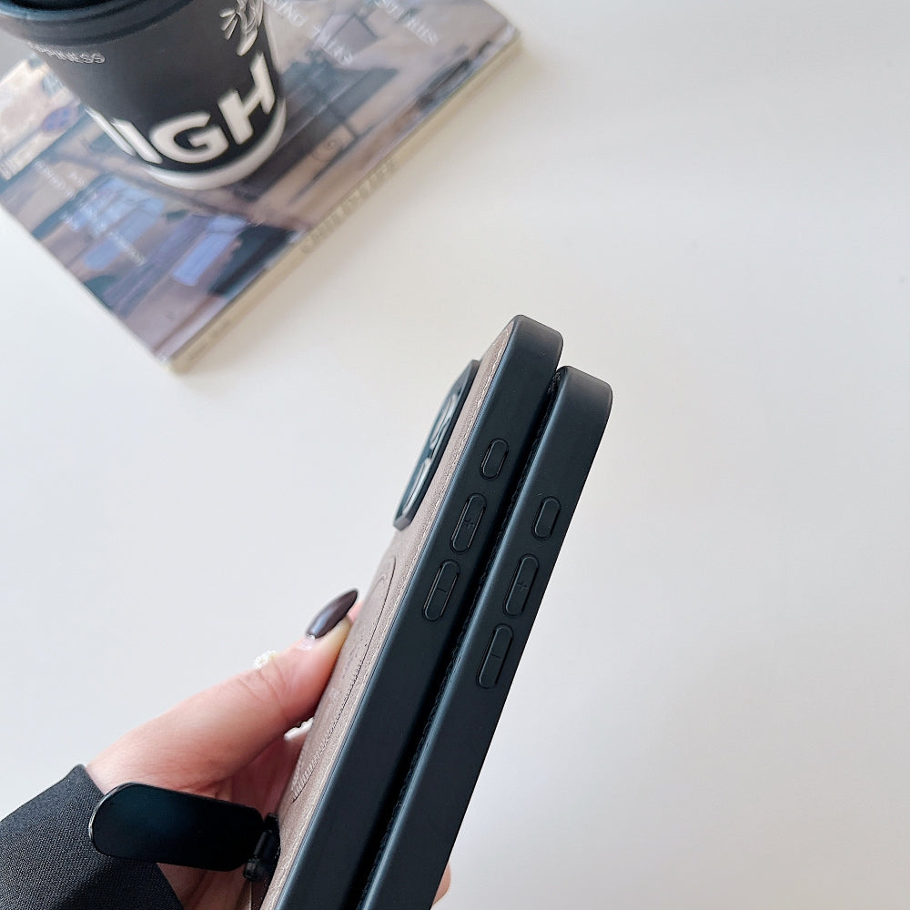 Wireless Charging PU Leather Rugged Kickstand Phone Case - iPhone 15