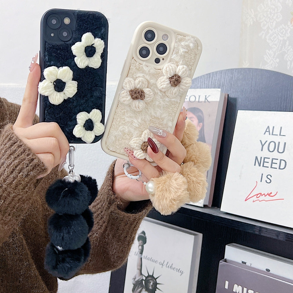 Woolen Flower Furry Camera Protection Phone Case with Bracelet