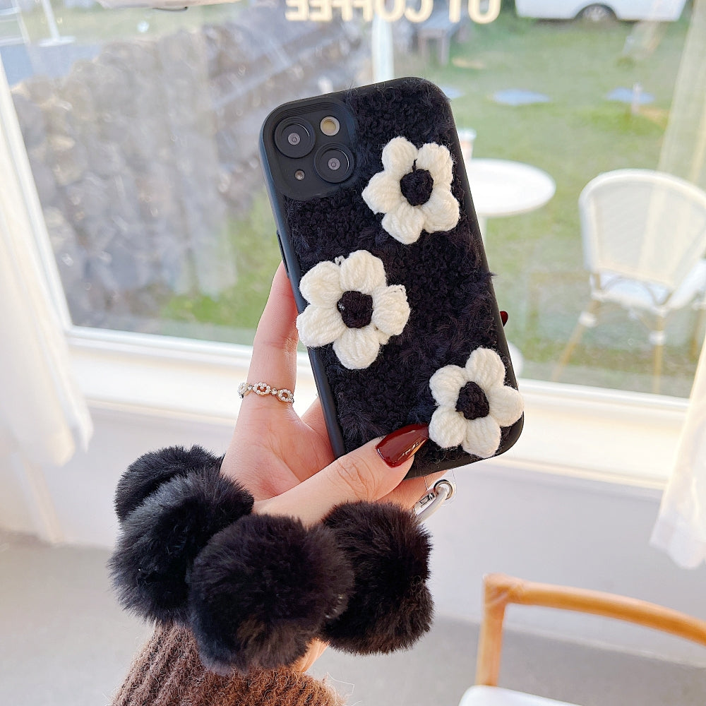 Woolen Flower Furry TPU (Soft) Camera Protection Phone Case with Bracelet - iPhone 15 Pro Max