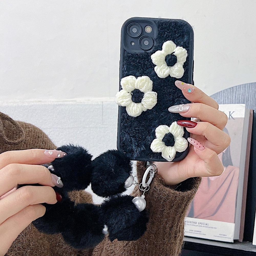 Woolen Flower Furry TPU (Soft) Camera Protection Phone Case with Bracelet - iPhone 15 Pro Max