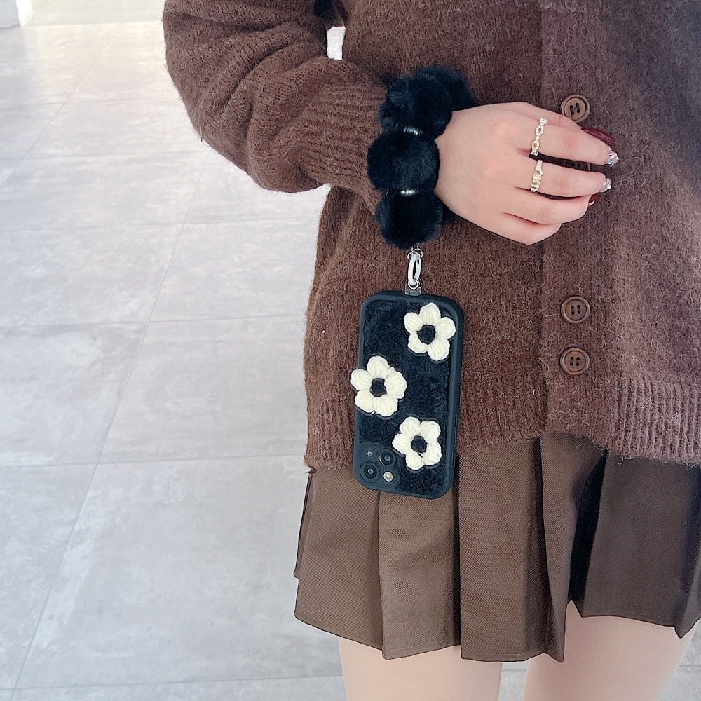 Woolen Flower Furry TPU (Soft) Camera Protection Phone Case with Bracelet - iPhone 15 Pro Max