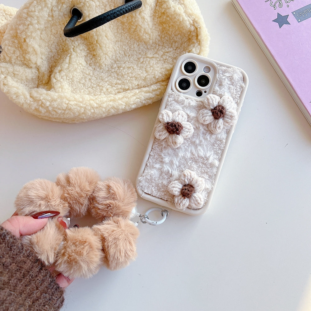 Woolen Flower Furry TPU (Soft) Camera Protection Phone Case with Bracelet - iPhone 15 Pro Max