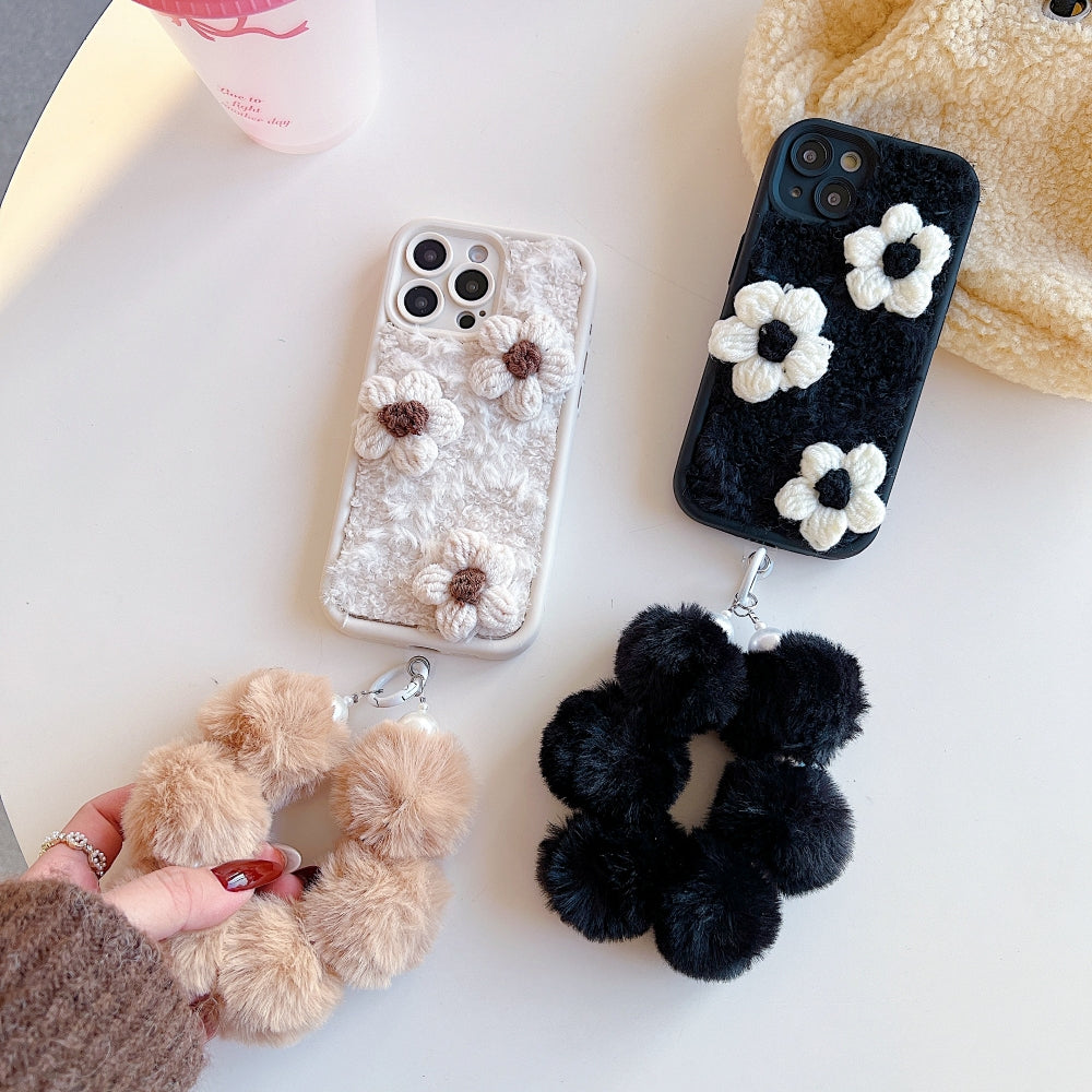 Woolen Flower Furry TPU (Soft) Camera Protection Phone Case with Bracelet - iPhone 15 Pro Max