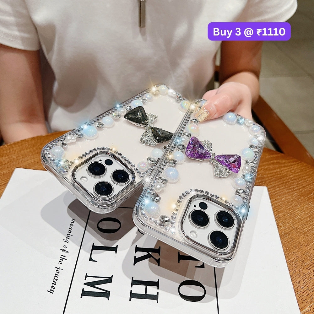 3D Bow Pearl Border Transparent PC (Hard) Phone Case | Mobile Cover - iPhone 14 Pro