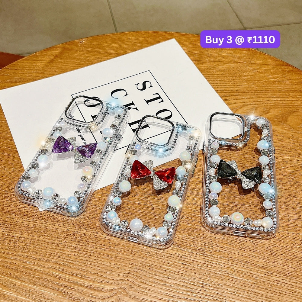 3D Bow Pearl Border Transparent PC (Hard) Phone Case | Mobile Cover - iPhone 14