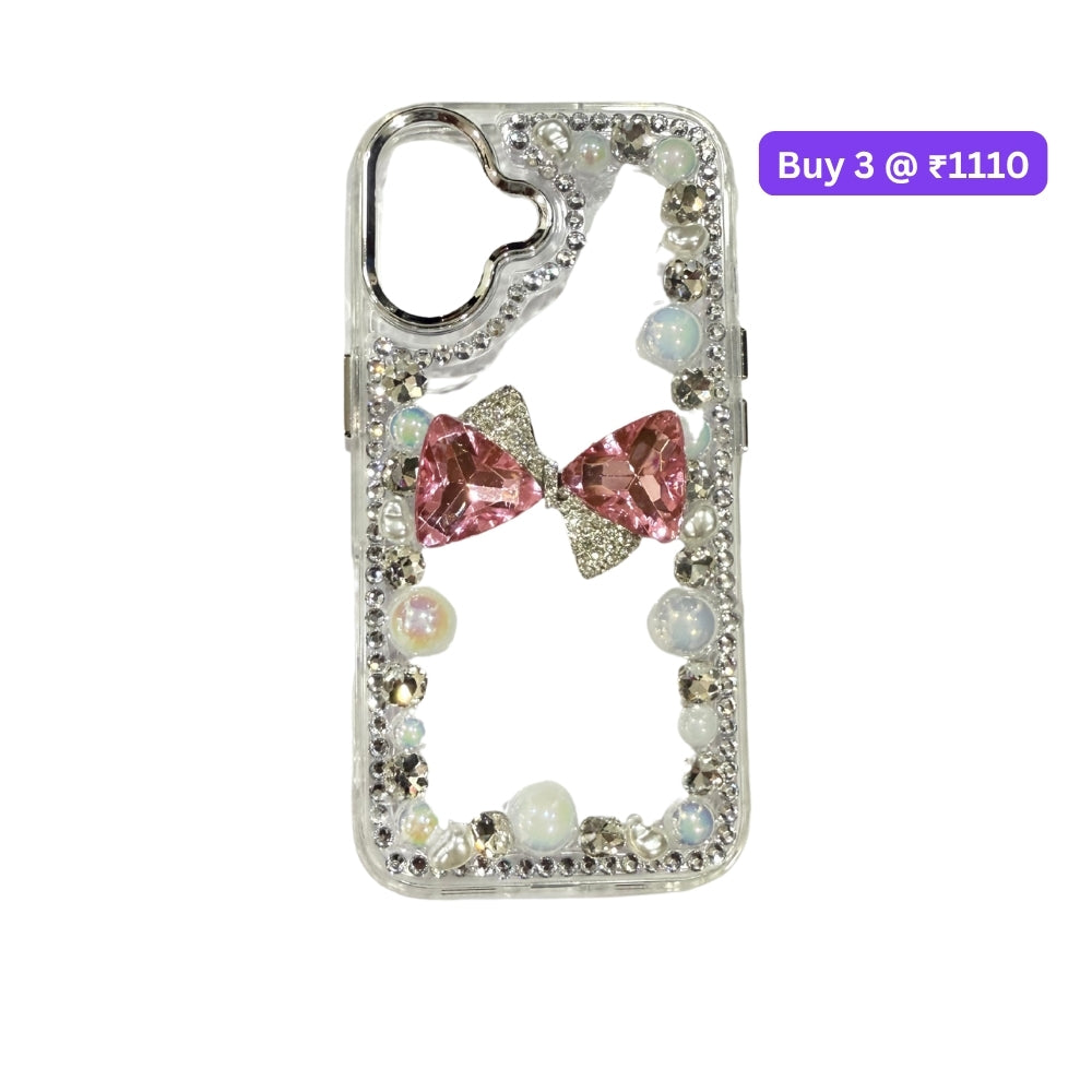 3D Bow Pearl Border Transparent PC (Hard) Phone Case | Mobile Cover - iPhone 14 Pro