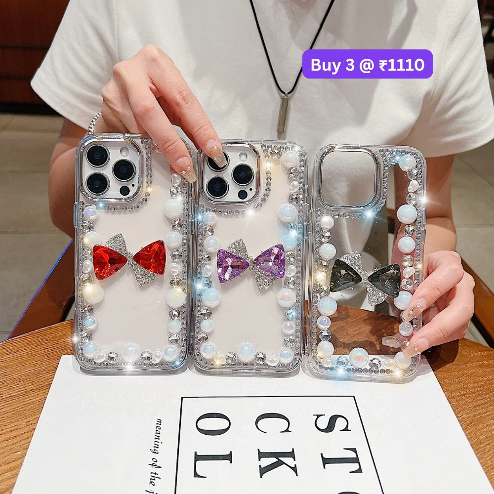 3D Bow Pearl Border Transparent PC (Hard) Phone Case | Mobile Cover - iPhone 16