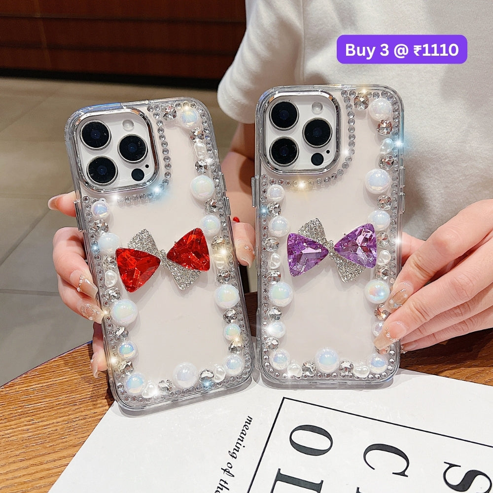 3D Bow Pearl Border Transparent PC (Hard) Phone Case | Mobile Cover - iPhone 14 Pro