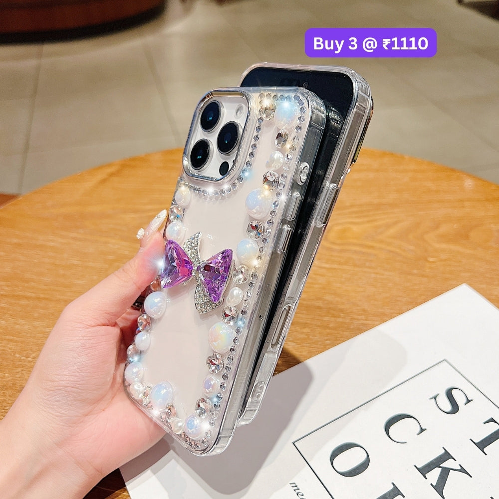 3D Bow Pearl Border Transparent PC (Hard) Phone Case | Mobile Cover - iPhone 14 Pro