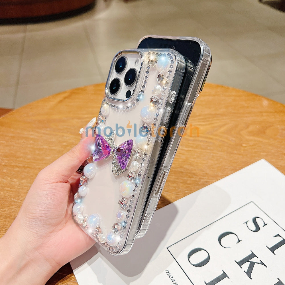 3D Bow Pearl Border Transparent PC (Hard) Phone Case | Mobile Cover - Samsung S24 Ultra