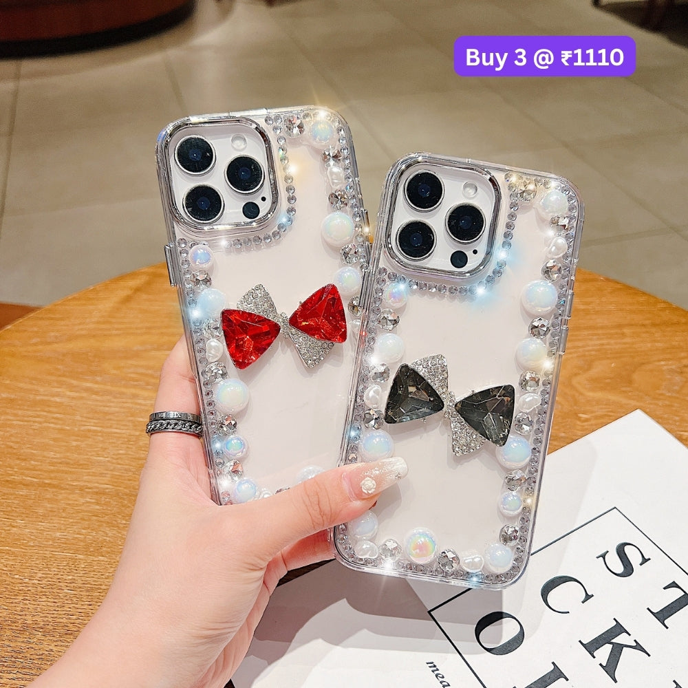 3D Bow Pearl Border Transparent PC (Hard) Phone Case | Mobile Cover - iPhone 14 Pro