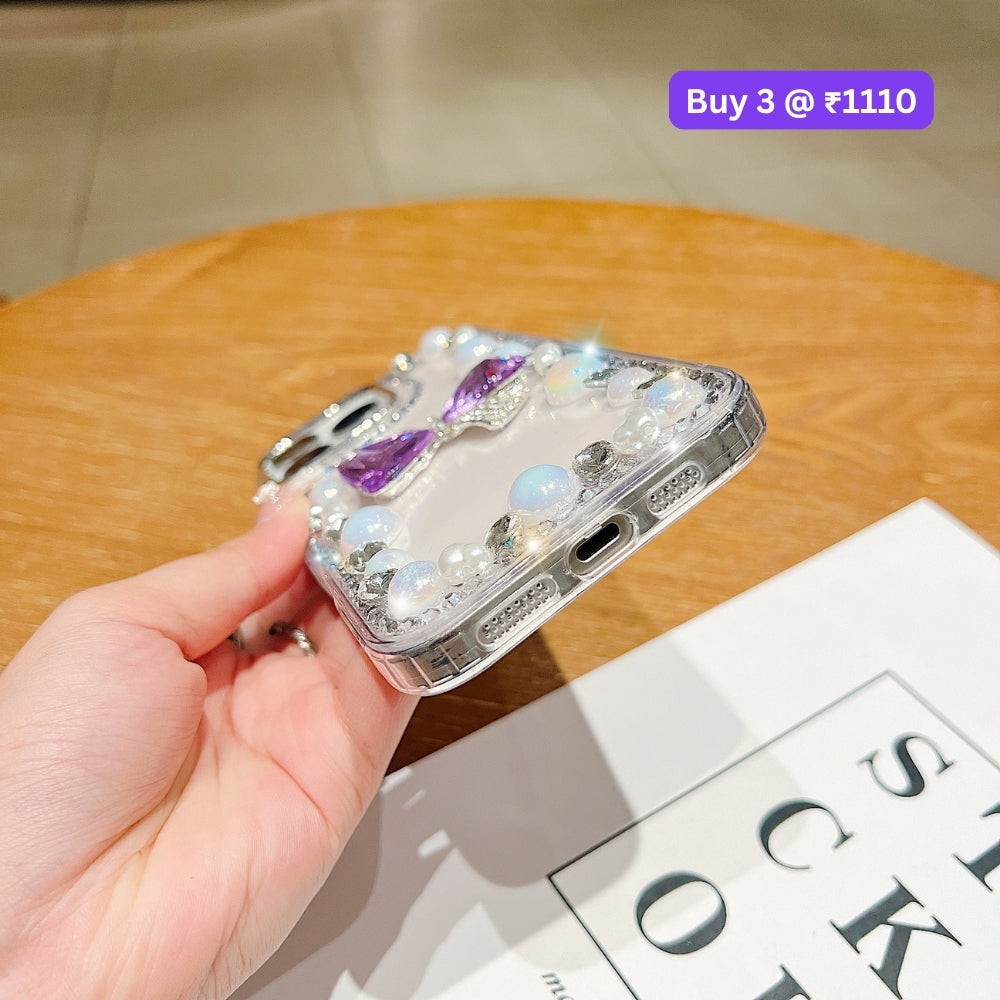 3D Bow Pearl Border Transparent PC (Hard) Phone Case | Mobile Cover - iPhone 14 Pro