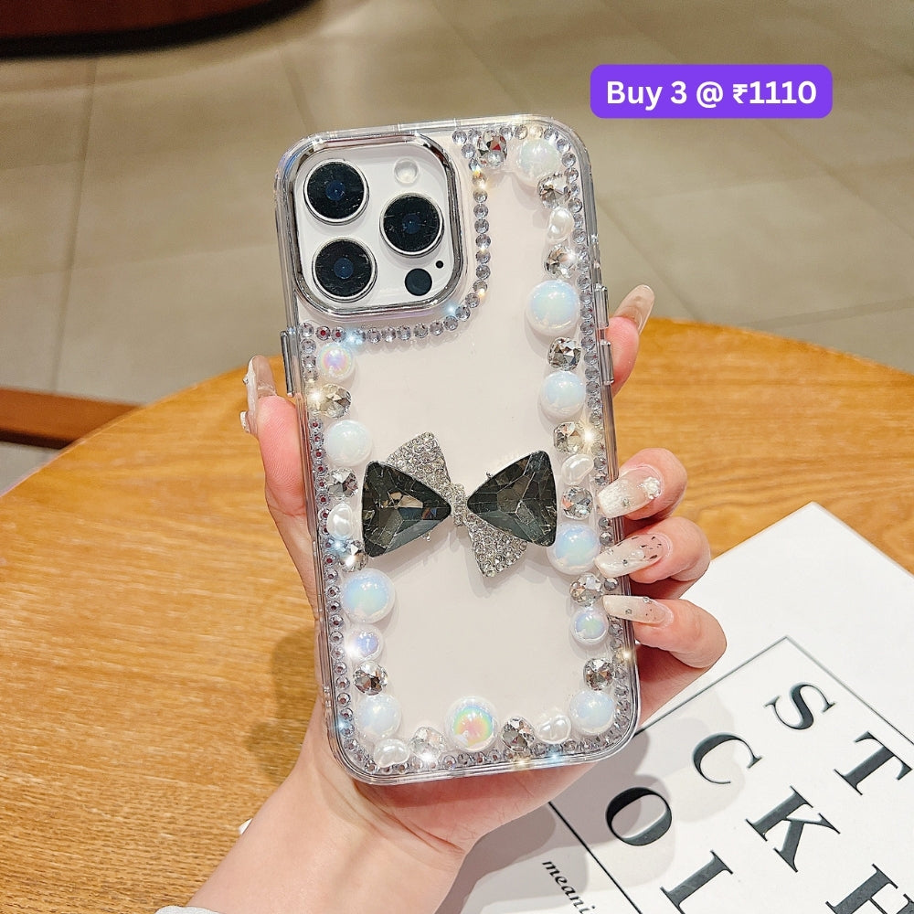 3D Bow Pearl Border Transparent PC (Hard) Phone Case | Mobile Cover - iPhone 14 Pro