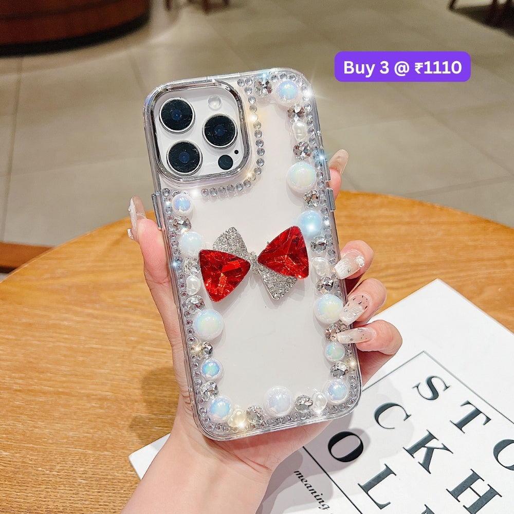 3D Bow Pearl Border Transparent PC (Hard) Phone Case | Mobile Cover - iPhone 14 Pro