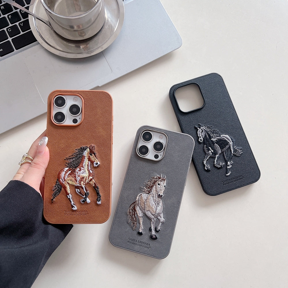 3D Embroided Horse Design PU Leather Phone Case - Samsung M55