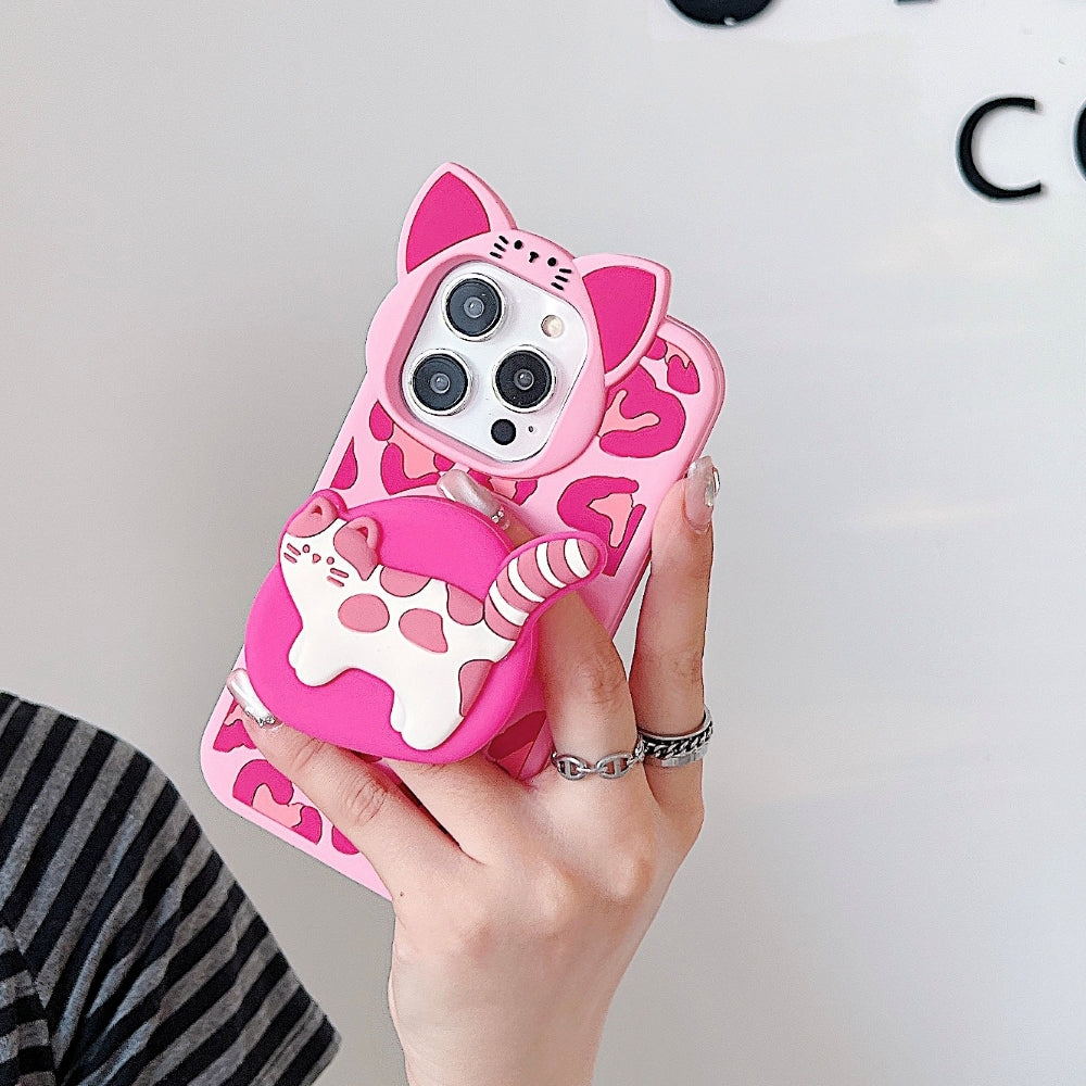 3D Kitty Stand Leopard Print Silicone Phone Case | Mobile Cover - iPhone 13