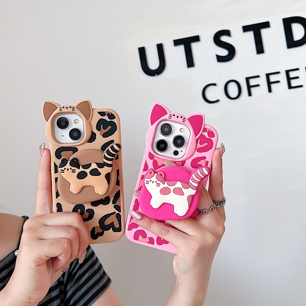 3D Kitty Stand Leopard Print Silicone Phone Case | Mobile Cover - iPhone 13