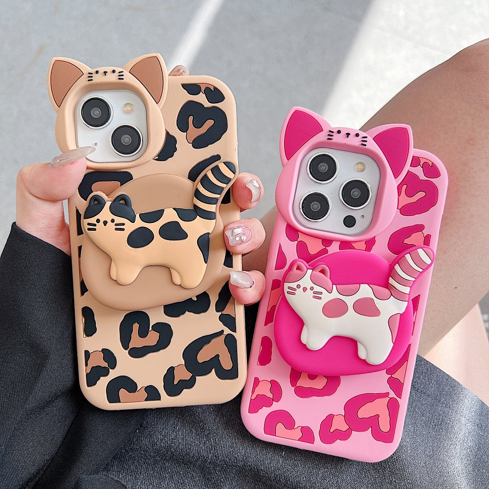 3D Kitty Stand Leopard Print Silicone Phone Case | Mobile Cover - iPhone 13