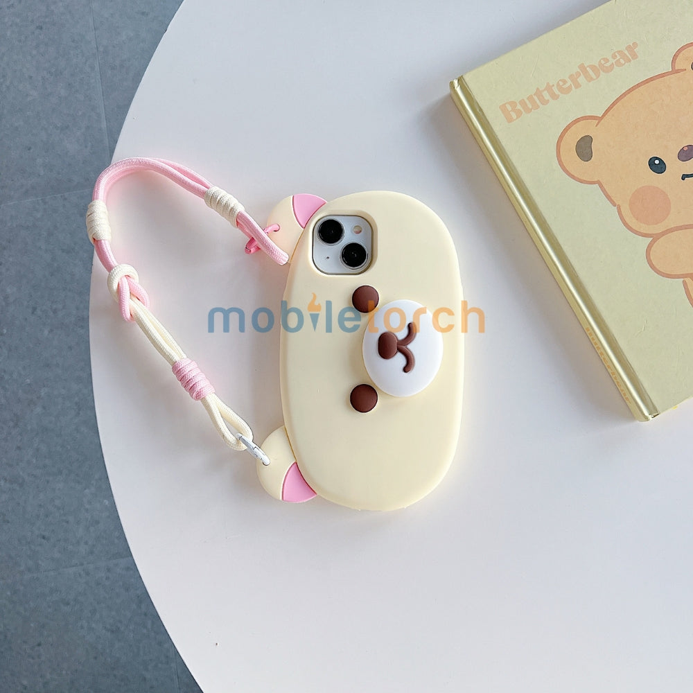 Bear Faced Silicone Soft Phone Case with Lanyard Strap | Mobile Cover - iPhone 15 Pro Max