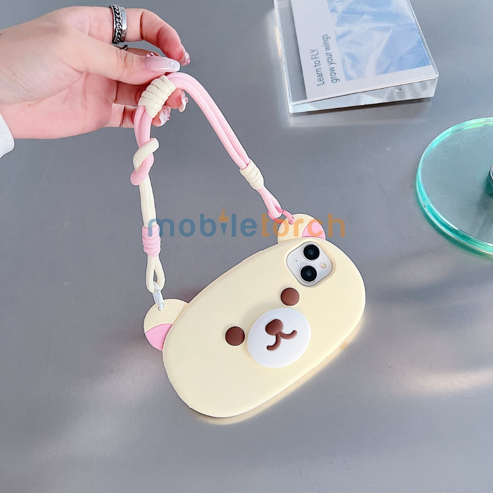 Bear Faced Silicone Soft Phone Case with Lanyard Strap | Mobile Cover - iPhone 15 Pro Max