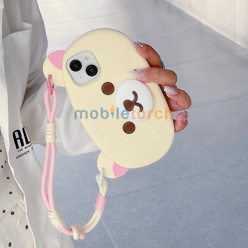 Bear Faced Silicone Soft Phone Case with Lanyard Strap | Mobile Cover - iPhone 14 Pro Max
