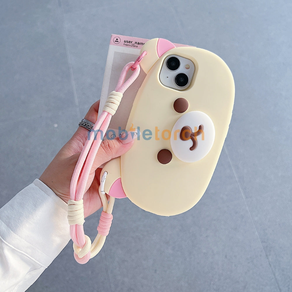 Bear Faced Silicone Soft Phone Case with Lanyard Strap | Mobile Cover - iPhone 15 Pro Max