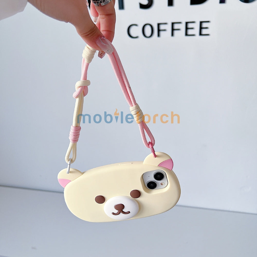 Bear Faced Silicone Soft Phone Case with Lanyard Strap | Mobile Cover - iPhone 15 Pro Max