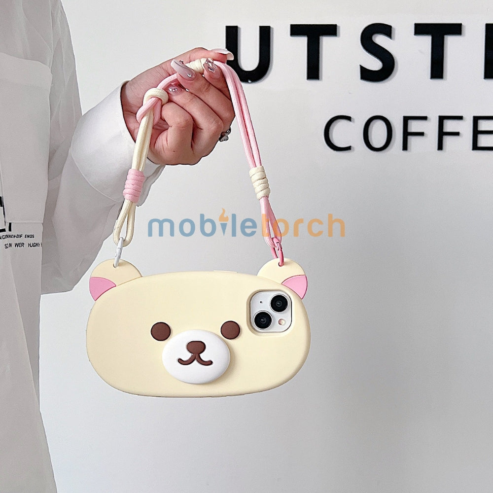 Bear Faced Silicone Soft Phone Case with Lanyard Strap | Mobile Cover - iPhone 14 Pro Max