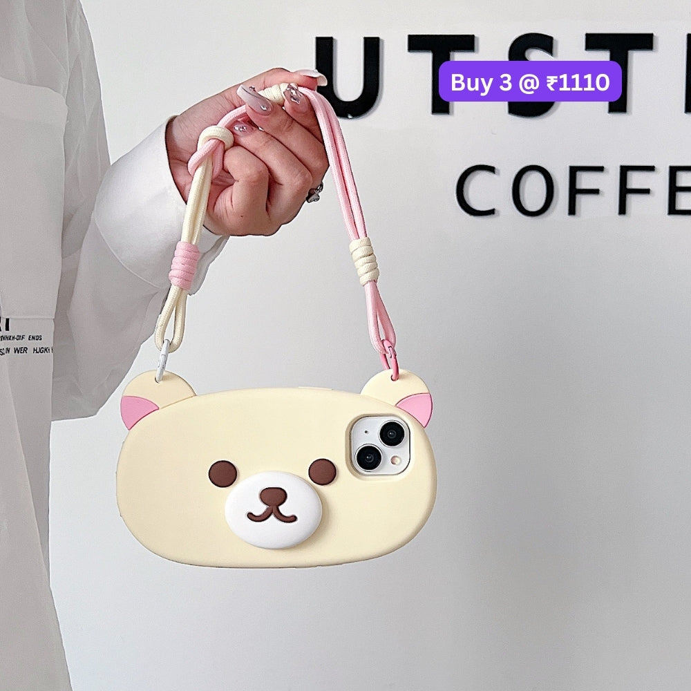 Bear Faced Silicone Soft Phone Case with Lanyard Strap | Mobile Cover - iPhone 16