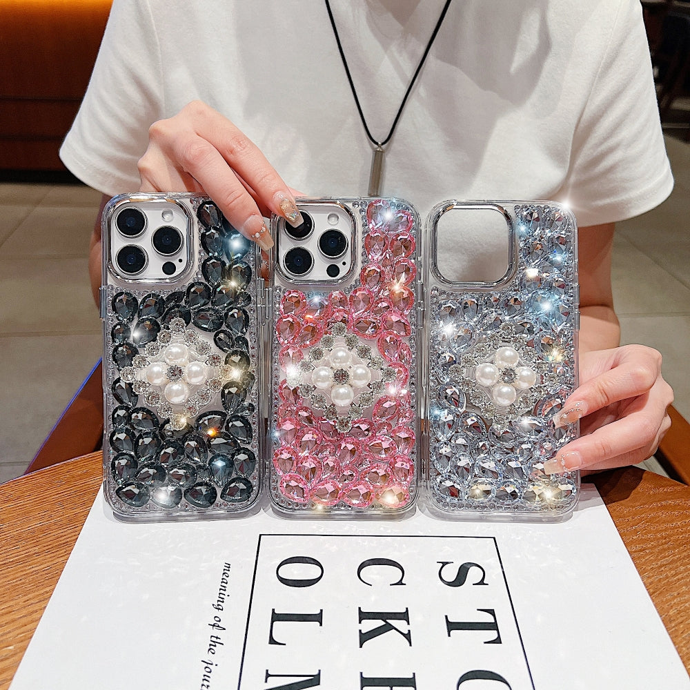 Bling Rhinestone Pearl Holder Transparent Phone Case