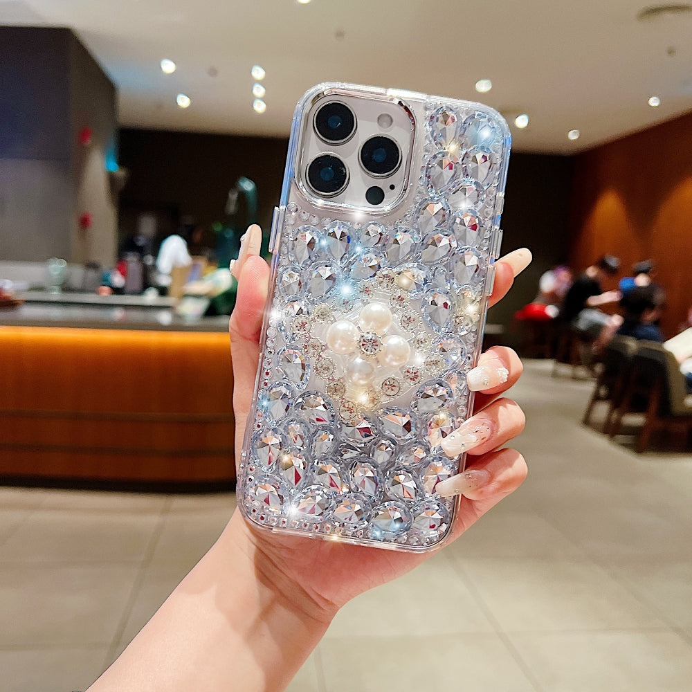Bling Rhinestone Pearl Holder Transparent Phone Case