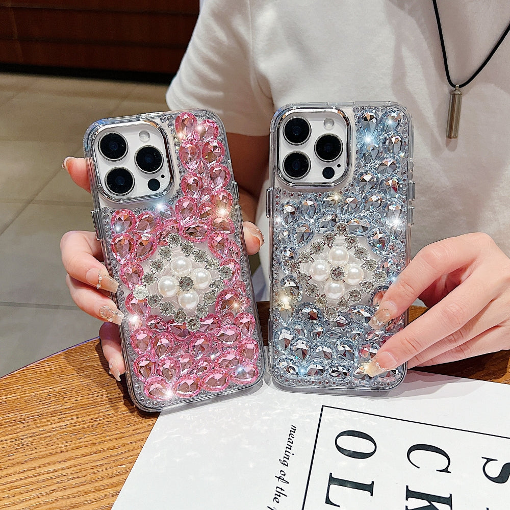 Bling Rhinestone Pearl Holder Transparent Phone Case
