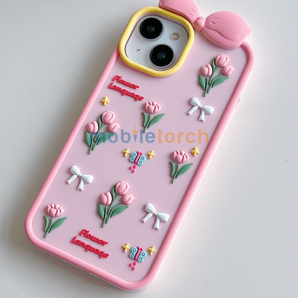 Bow Tulip Flower Silicone Soft Phone Case | Mobile Cover - iPhone 15 Pro Max
