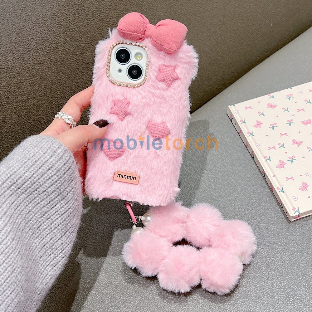 Bow Pattern Furry Soft Phone Case with Furry Bracelet - Samsung S24