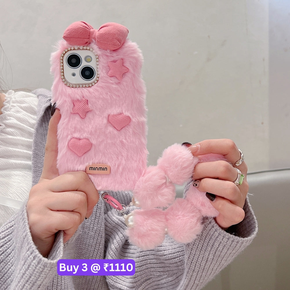 Bow Pattern Furry Soft Phone Case with Furry Bracelet - iPhone 16 Plus