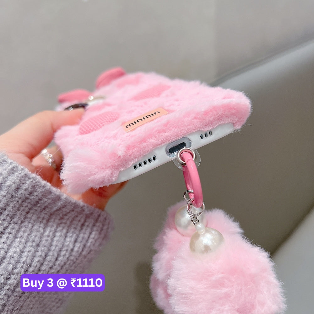 Bow Pattern Furry Soft Phone Case with Furry Bracelet - iPhone 16 Plus