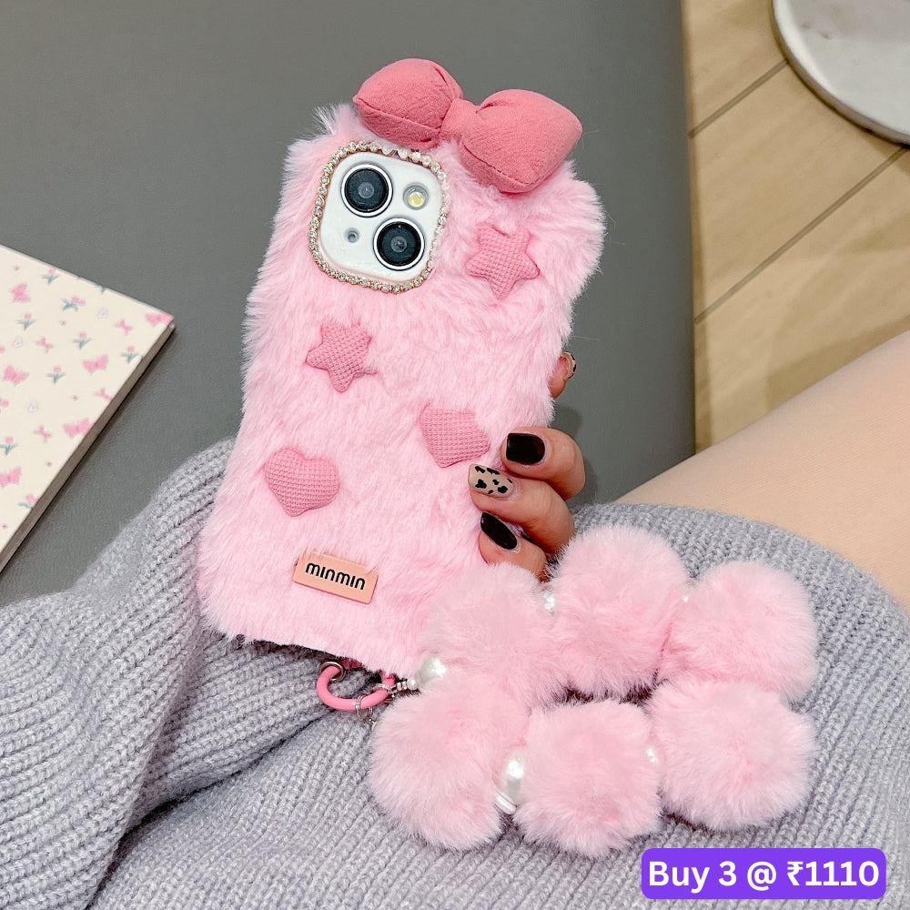 Bow Pattern Furry Soft Phone Case with Furry Bracelet - iPhone 16 Plus
