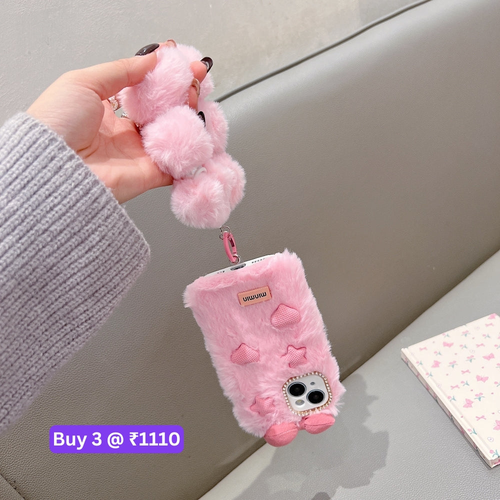 Bow Pattern Furry Soft Phone Case with Furry Bracelet - iPhone 16 Plus