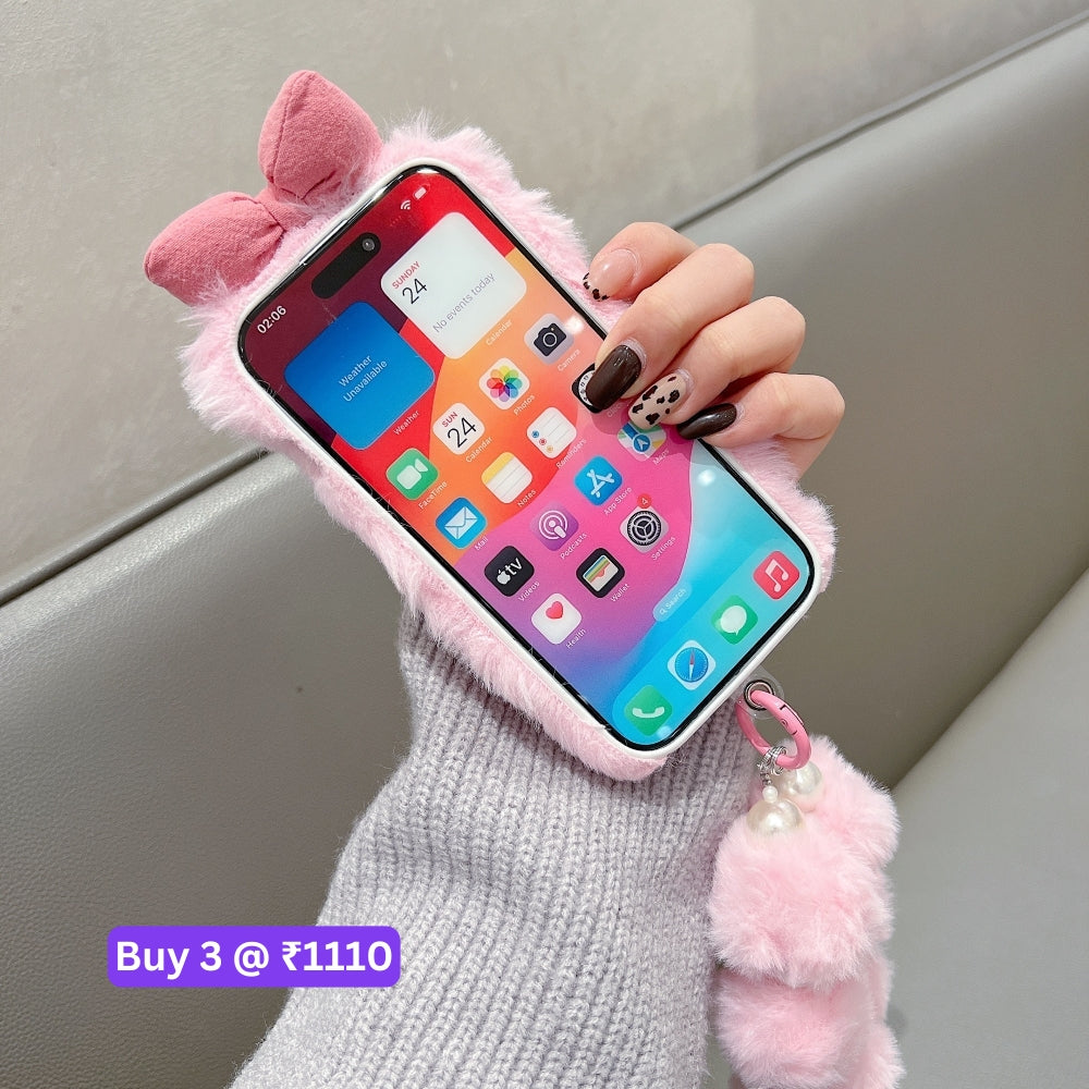Bow Pattern Furry Soft Phone Case with Furry Bracelet - iPhone 16 Plus