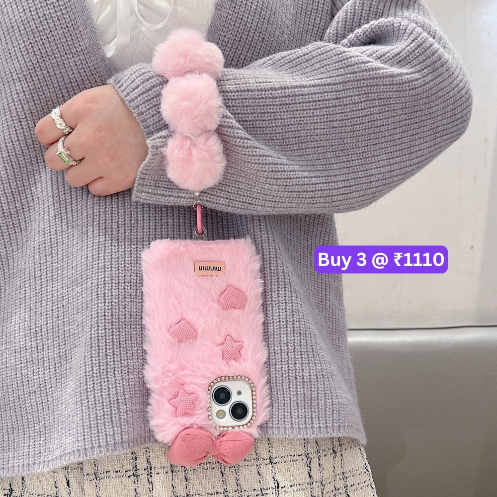 Bow Pattern Furry Soft Phone Case with Furry Bracelet - iPhone 16 Plus