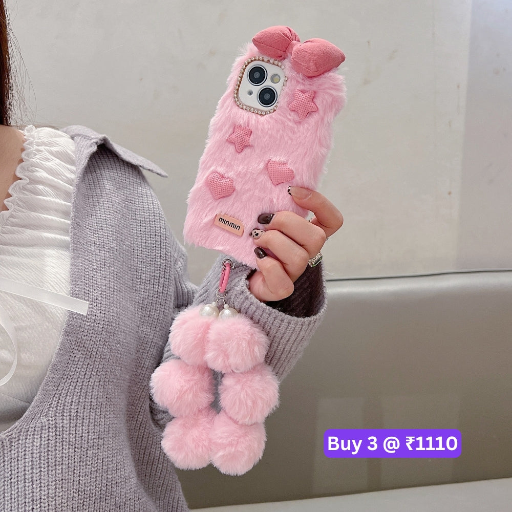 Bow Pattern Furry Soft Phone Case with Furry Bracelet - iPhone 16 Plus