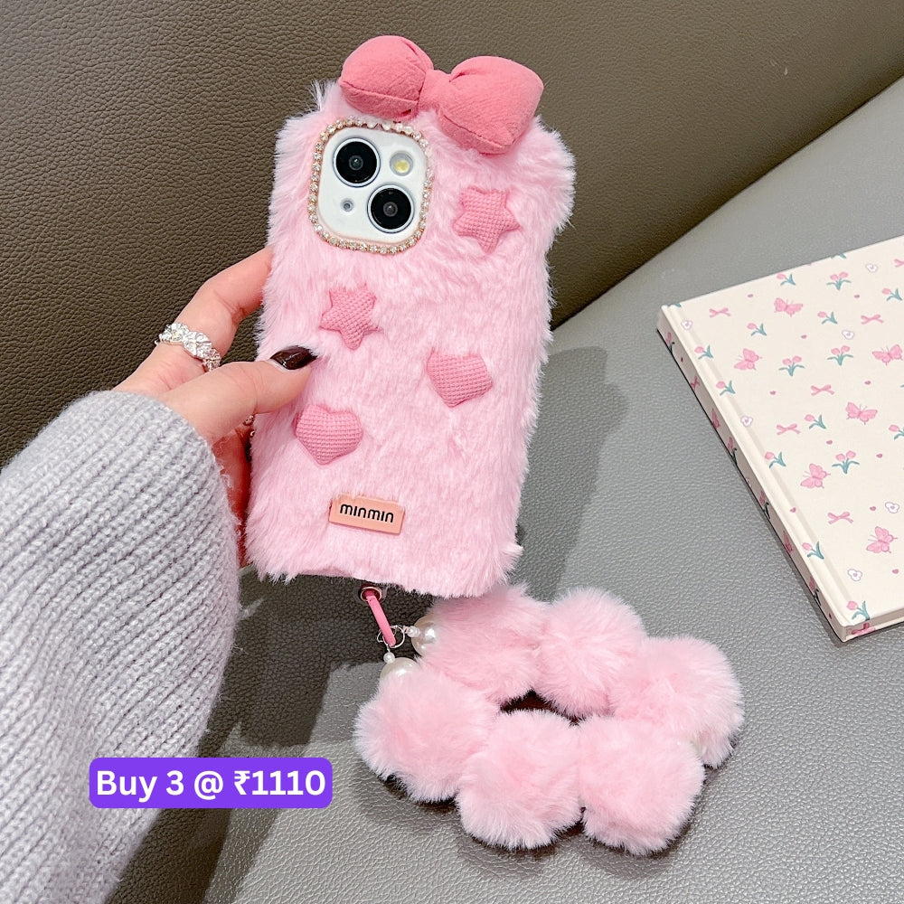 Bow Pattern Furry Soft Phone Case with Furry Bracelet - iPhone 16 Plus
