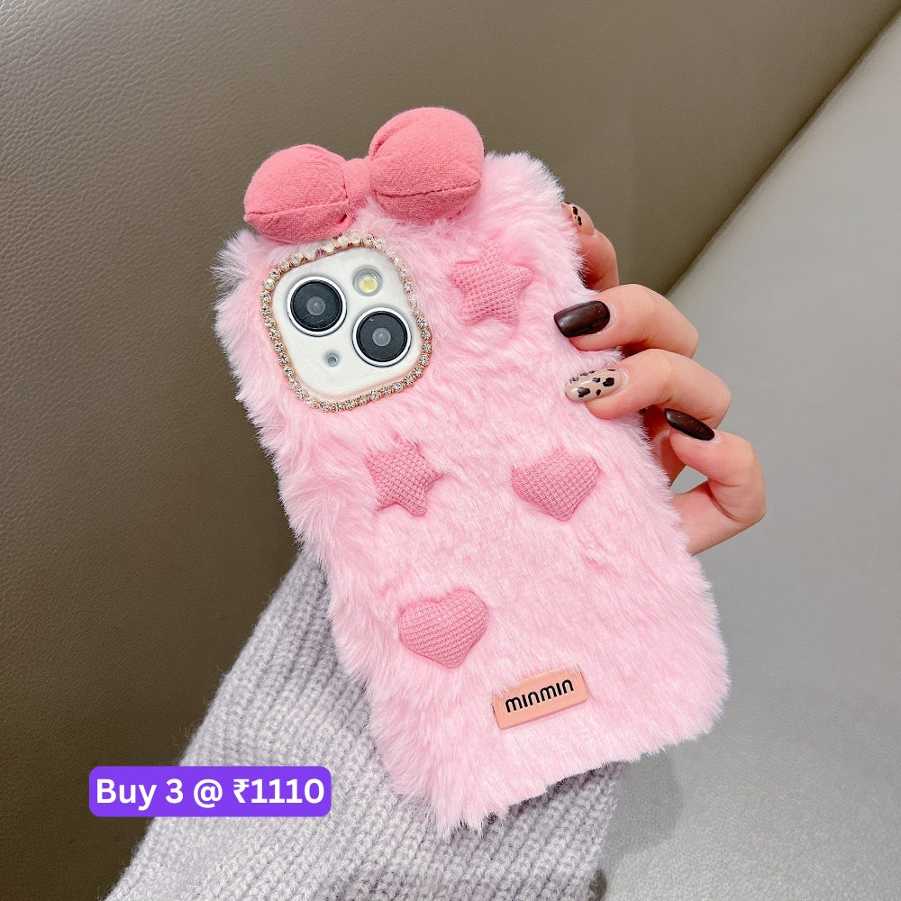 Bow Pattern Furry Soft Phone Case with Furry Bracelet - iPhone 16 Plus