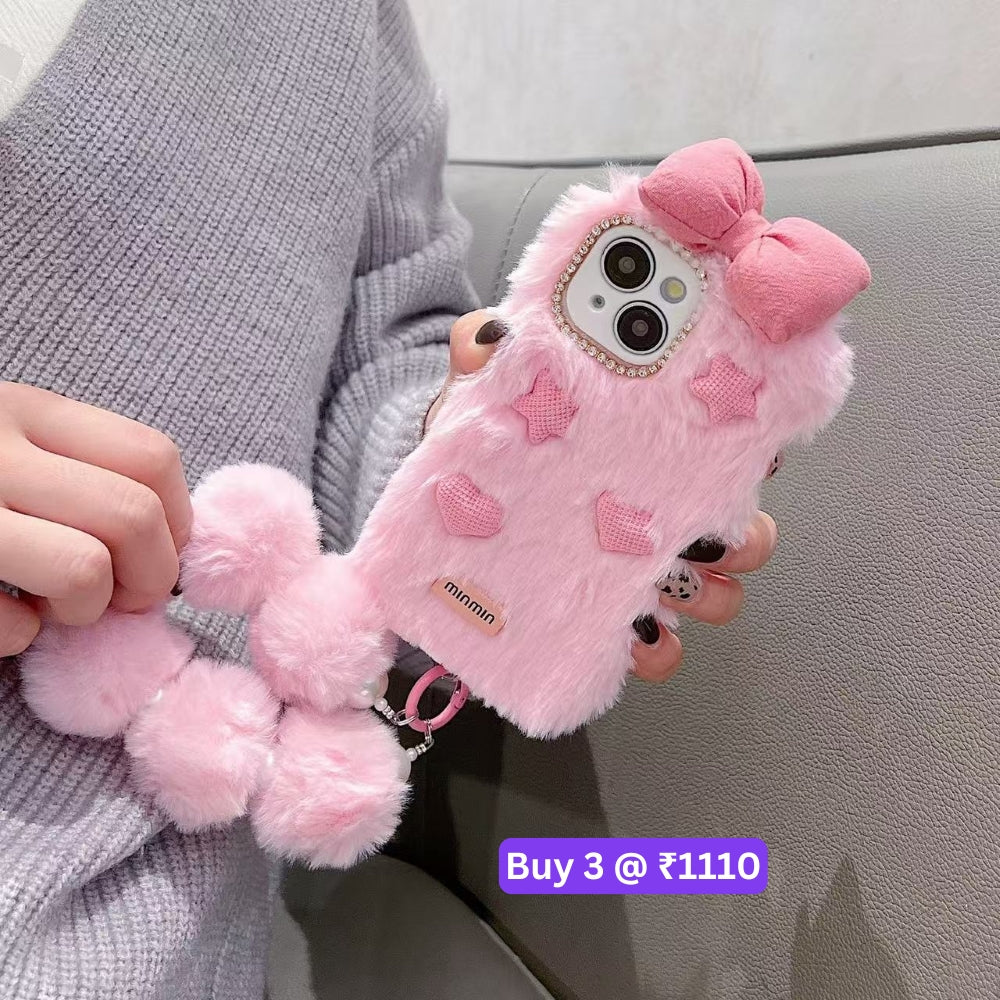 Bow Pattern Furry Soft Phone Case with Furry Bracelet - iPhone 16 Plus